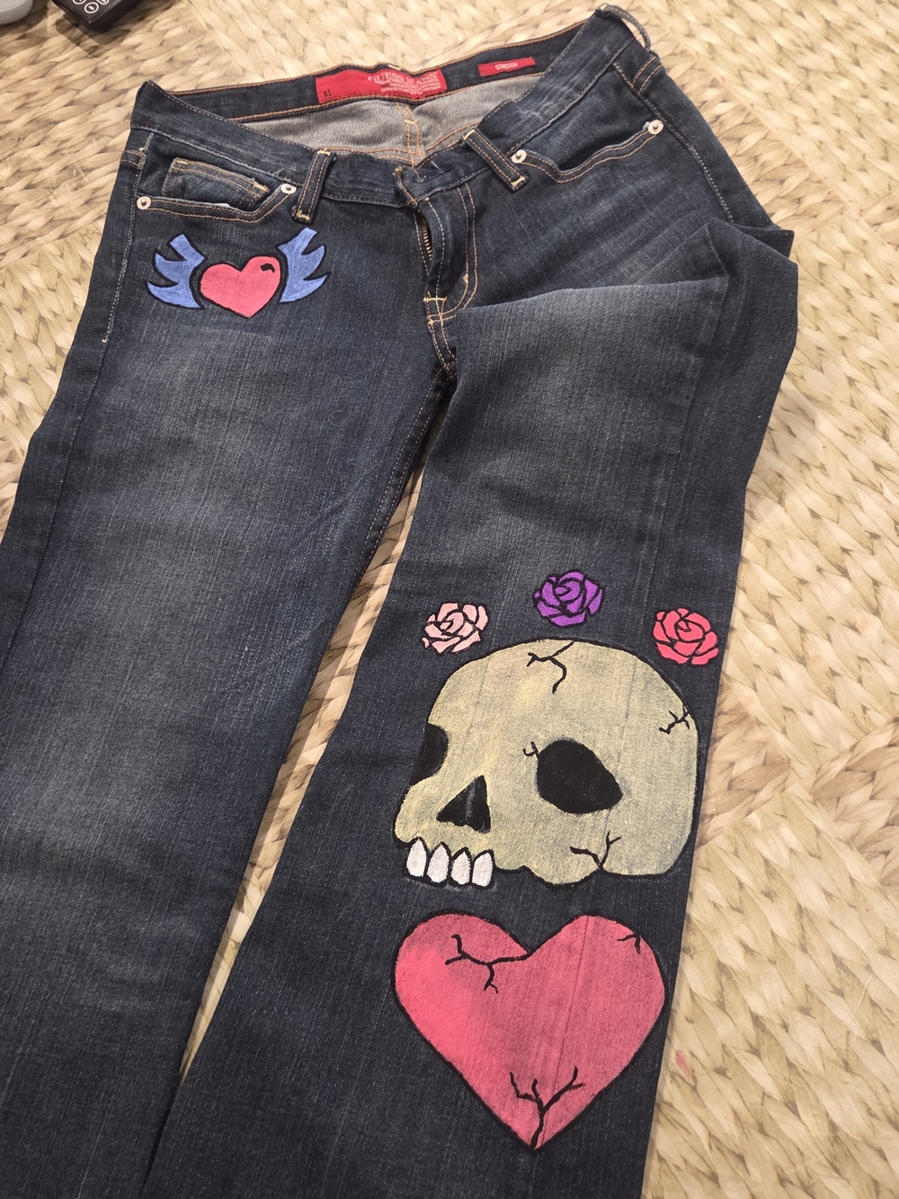 Guess Dark Blue Flare Jeans Upcycled Hand Painted Skull & Heart Sz 27